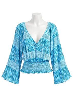 Ramy Brook Stella Blouse Blue Bell Sleeve Smocked Waist XS